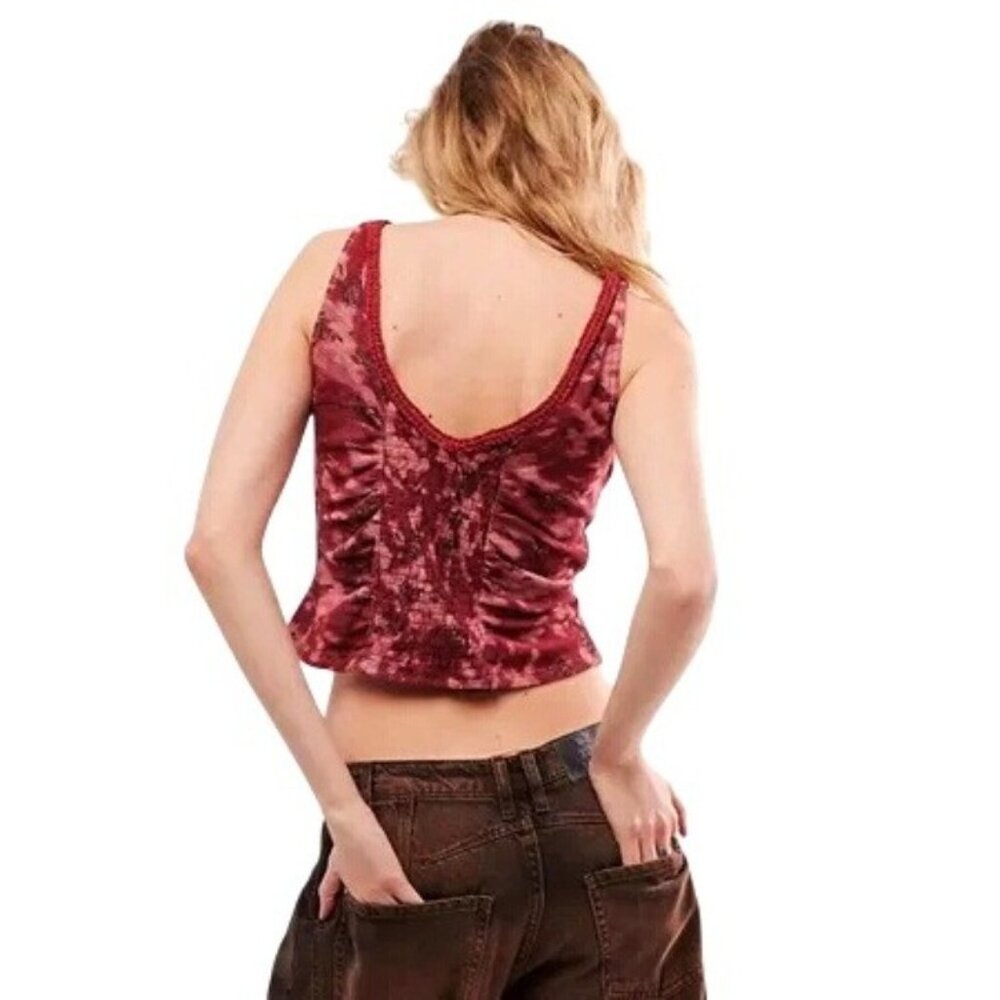 Free People Remie Tank Top Cropped Slim Floral Printed Smocked Boho Large - Picture 2 of 16